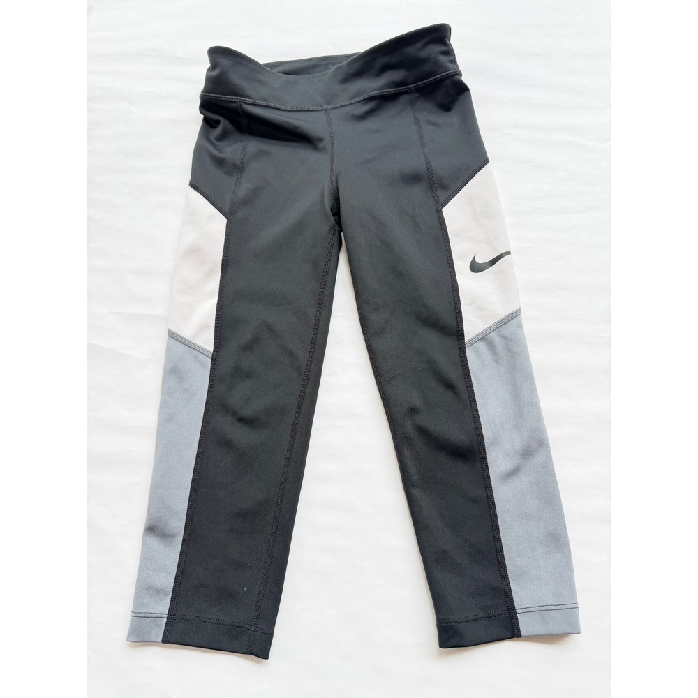 Nike Girls Dri-FIT Colorblock Leggings Black Grey White CU2191-011 Size M